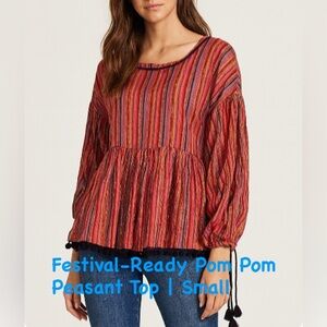 Amaryllis Metallic Stripe Pom Pom Boho Peasant Blouse Size Small